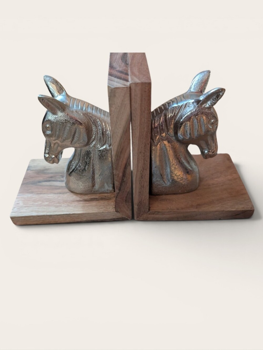 Horse Head Bookends Aluminum & Mango Wood Equestrian Decor Set of 2 Rustic